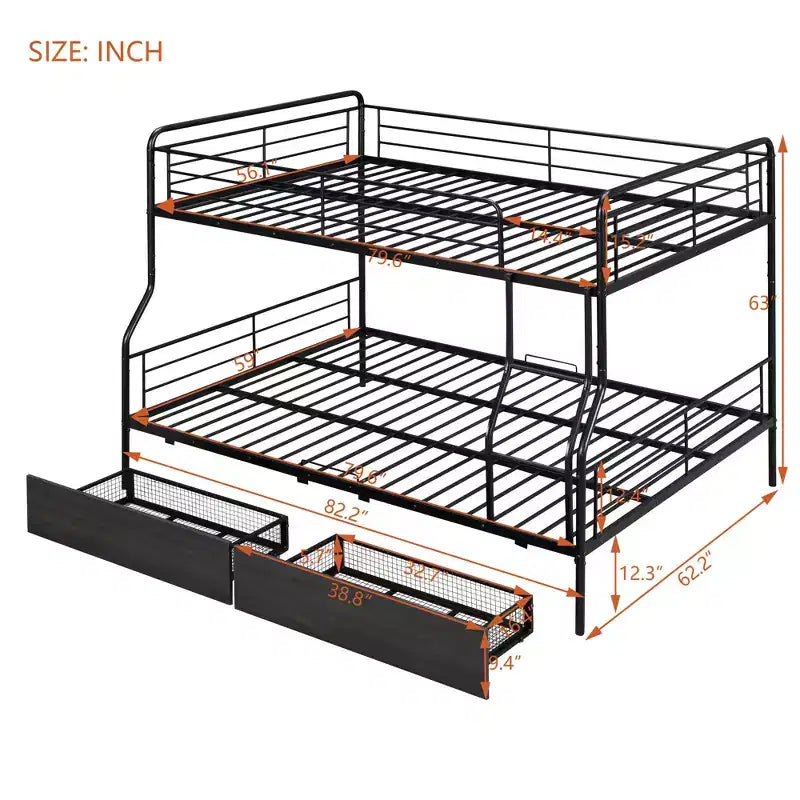 Letto a castello in metallo Full XL sopra Queen con 2 cassetti, telaio letto a castello resistente per bambini, ragazzi e adulti