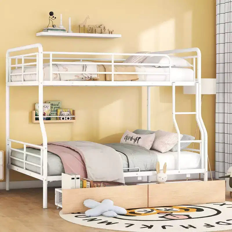 Letto a castello in metallo Full XL sopra Queen con 2 cassetti, telaio letto a castello resistente per bambini, ragazzi e adulti