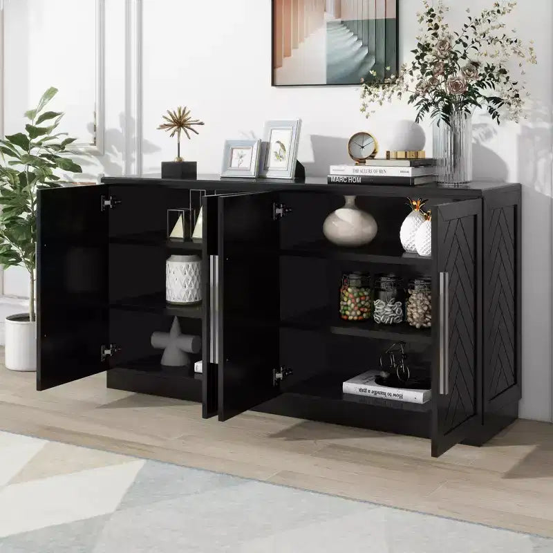 Credenza moderna con ripiani regolabili e maniglie argentate per cucina, sala da pranzo o soggiorno, Nera