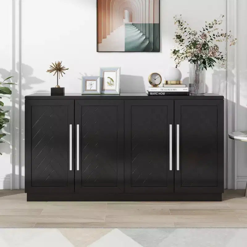 Credenza moderna con ripiani regolabili e maniglie argentate per cucina, sala da pranzo o soggiorno, Nera