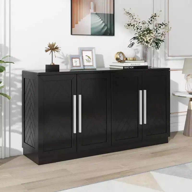 Credenza moderna con ripiani regolabili e maniglie argentate per cucina, sala da pranzo o soggiorno, Nera
