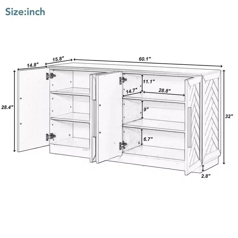 Credenza moderna con ripiani regolabili e maniglie argentate per cucina, sala da pranzo o soggiorno, Nera