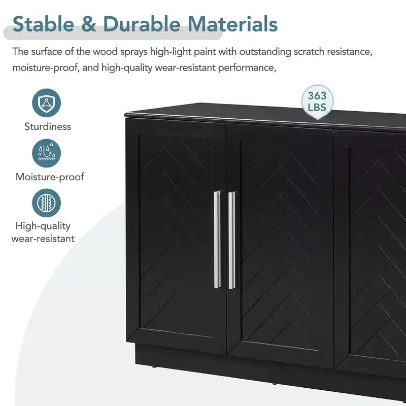 Credenza moderna con ripiani regolabili e maniglie argentate per cucina, sala da pranzo o soggiorno, Nera