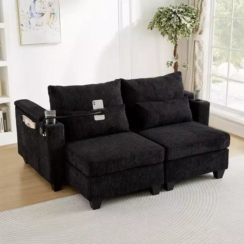 Polibi Divano-chaise longue componibile in velluto a coste con porte USB, portabicchieri, supporto per telefono e contenitore nel bracciolo