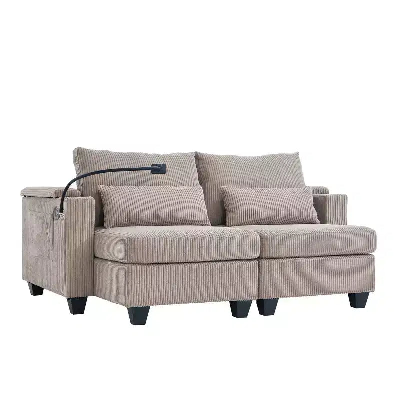 Polibi Divano-chaise longue componibile in velluto a coste con porte USB, portabicchieri, supporto per telefono e contenitore nel bracciolo