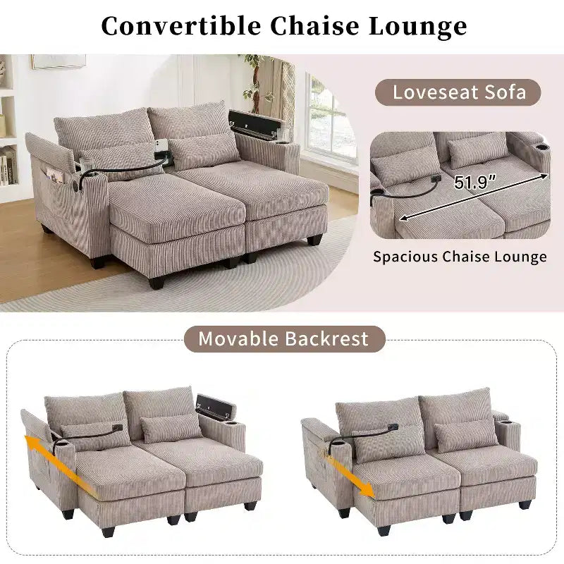 Polibi Divano-chaise longue componibile in velluto a coste con porte USB, portabicchieri, supporto per telefono e contenitore nel bracciolo
