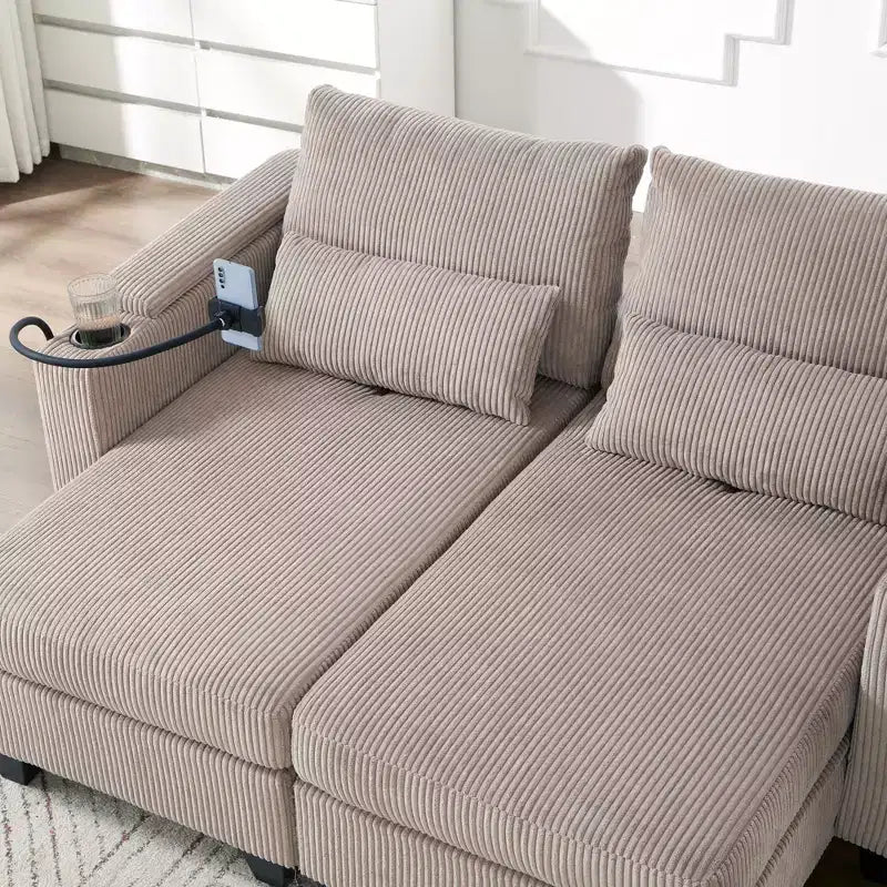 Polibi Divano-chaise longue componibile in velluto a coste con porte USB, portabicchieri, supporto per telefono e contenitore nel bracciolo