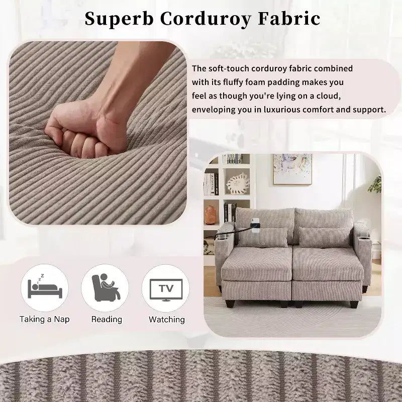 Polibi Divano-chaise longue componibile in velluto a coste con porte USB, portabicchieri, supporto per telefono e contenitore nel bracciolo
