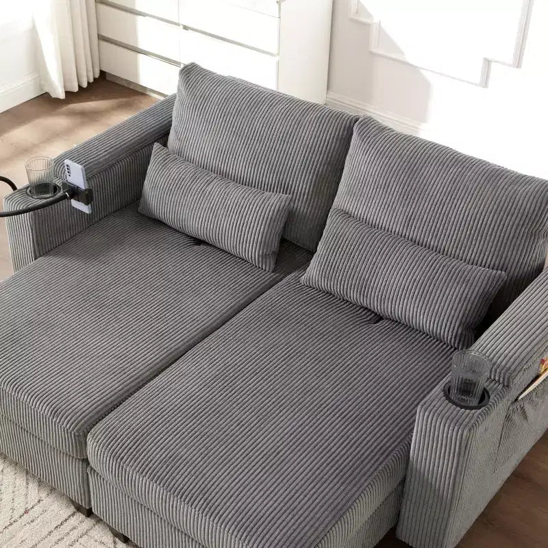 Polibi Divano-chaise longue componibile in velluto a coste con porte USB, portabicchieri, supporto per telefono e contenitore nel bracciolo