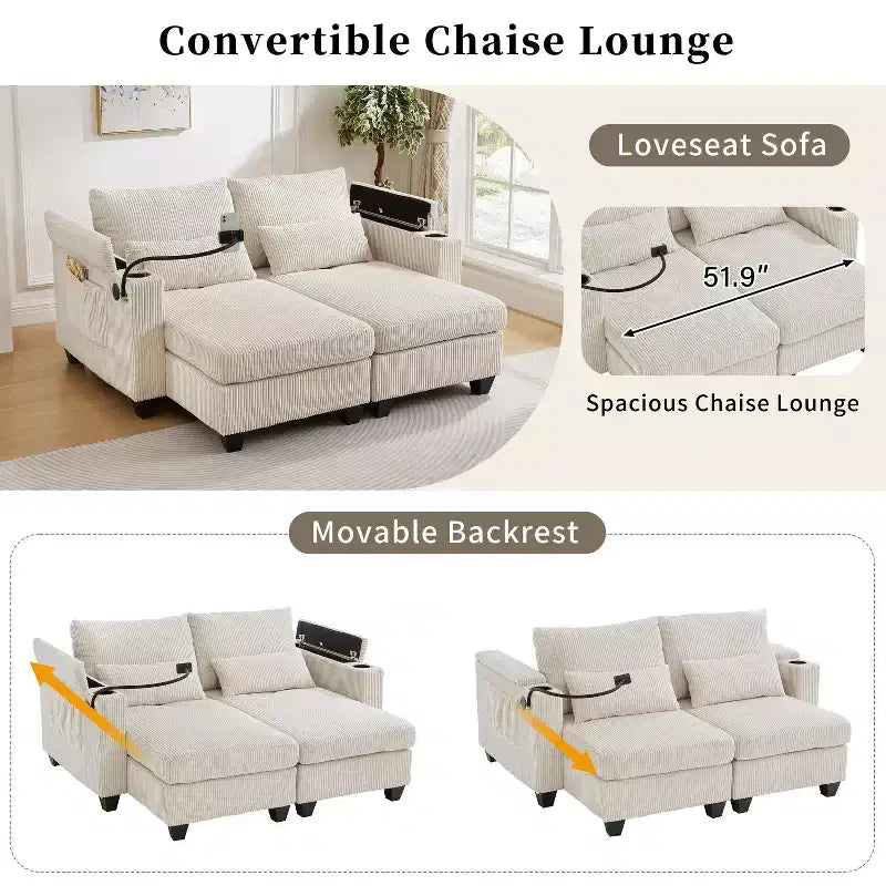 Polibi Divano-chaise longue componibile in velluto a coste con porte USB, portabicchieri, supporto per telefono e contenitore nel bracciolo