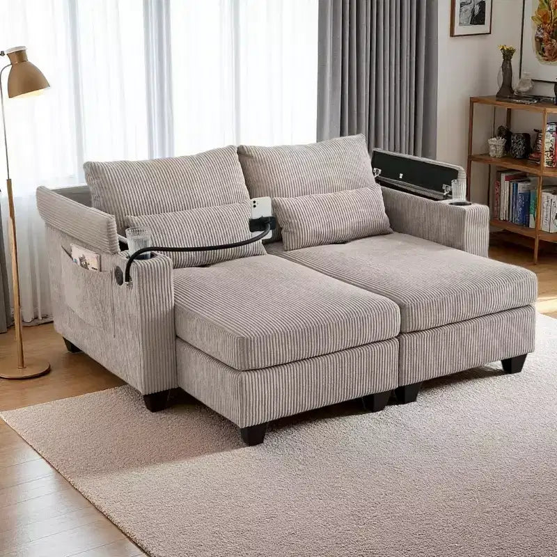 Polibi Divano-chaise longue componibile in velluto a coste con porte USB, portabicchieri, supporto per telefono e contenitore nel bracciolo