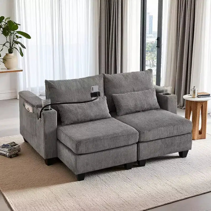 Polibi Divano-chaise longue componibile in velluto a coste con porte USB, portabicchieri, supporto per telefono e contenitore nel bracciolo