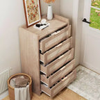 Cassettiera a 5 cassetti per camera da letto, Comodino in rattan e legno con maniglie dorate, Cassettiera da armadio alta 45 pollici, Organizer cassettiera per corridoio