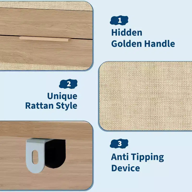 Cassettiera a 5 cassetti per camera da letto, Comodino in rattan e legno con maniglie dorate, Cassettiera da armadio alta 45 pollici, Organizer cassettiera per corridoio