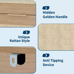 Cassettiera a 5 cassetti per camera da letto, Comodino in rattan e legno con maniglie dorate, Cassettiera da armadio alta 45 pollici, Organizer cassettiera per corridoio