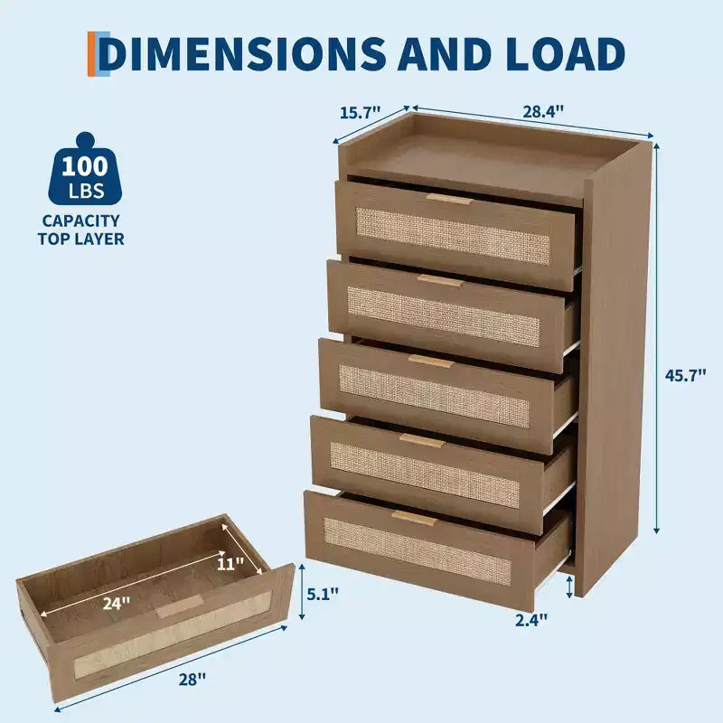 Cassettiera a 5 cassetti per camera da letto, Comodino in rattan e legno con maniglie dorate, Cassettiera da armadio alta 45 pollici, Organizer cassettiera per corridoio