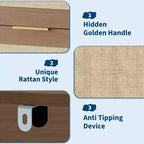 Cassettiera a 5 cassetti per camera da letto, Comodino in rattan e legno con maniglie dorate, Cassettiera da armadio alta 45 pollici, Organizer cassettiera per corridoio
