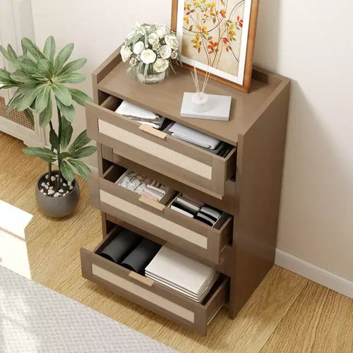 5 Drawer Dresser for Bedroom, Rattan Wood Chest of Drawers with Gold Handles, 45H Closet Dresser, Storage Dresser Organizer for Hallway