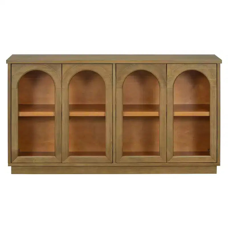 Hostack Credenza a 4 ante con ante in vetro, grande credenza contenitore con ripiani regolabili per cucina e sala da pranzo, pino antico