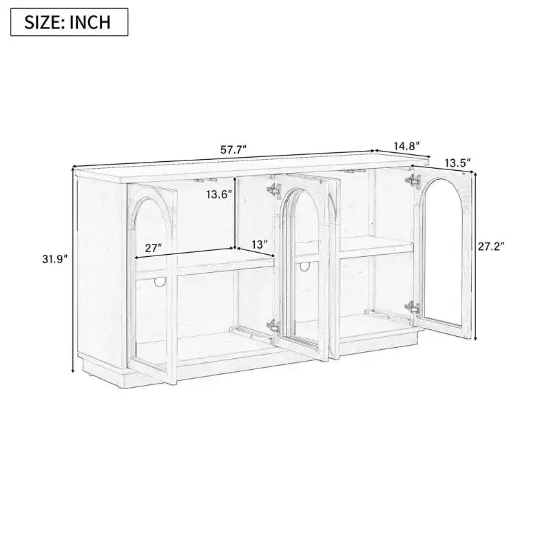 Hostack Credenza a 4 ante con ante in vetro, grande credenza contenitore con ripiani regolabili per cucina e sala da pranzo, pino antico