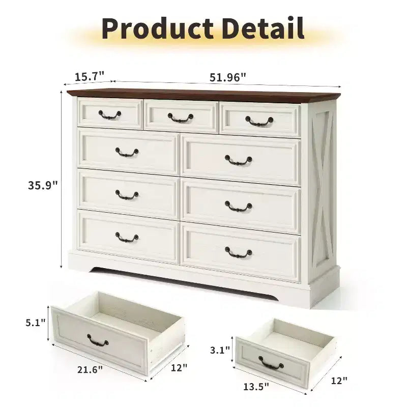 Dyonery Farmhouse Cassettiera per Comò, Cassettiera a 9 Cassetti con Piano in Legno, Organizzatore di Archiviazione Largo 52 per Camera da Letto, Soggiorno, Ingresso