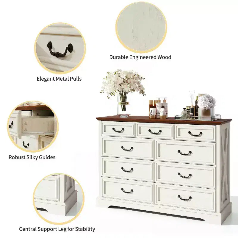 Dyonery Farmhouse Cassettiera per Comò, Cassettiera a 9 Cassetti con Piano in Legno, Organizzatore di Archiviazione Largo 52 per Camera da Letto, Soggiorno, Ingresso