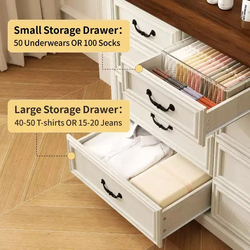Dyonery Farmhouse Cassettiera per Comò, Cassettiera a 9 Cassetti con Piano in Legno, Organizzatore di Archiviazione Largo 52 per Camera da Letto, Soggiorno, Ingresso