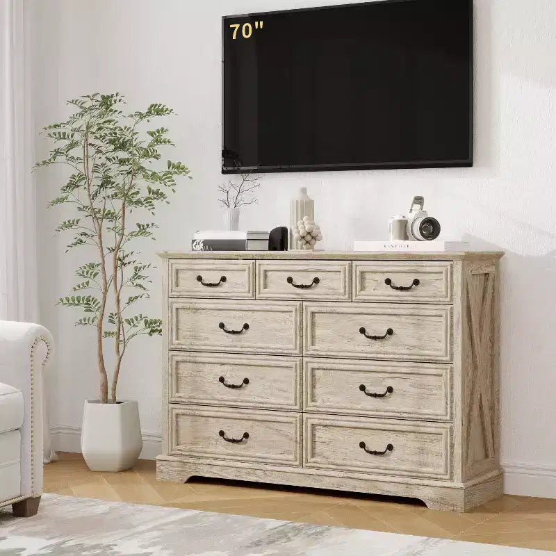 Dyonery Farmhouse Cassettiera per Comò, Cassettiera a 9 Cassetti con Piano in Legno, Organizzatore di Archiviazione Largo 52 per Camera da Letto, Soggiorno, Ingresso