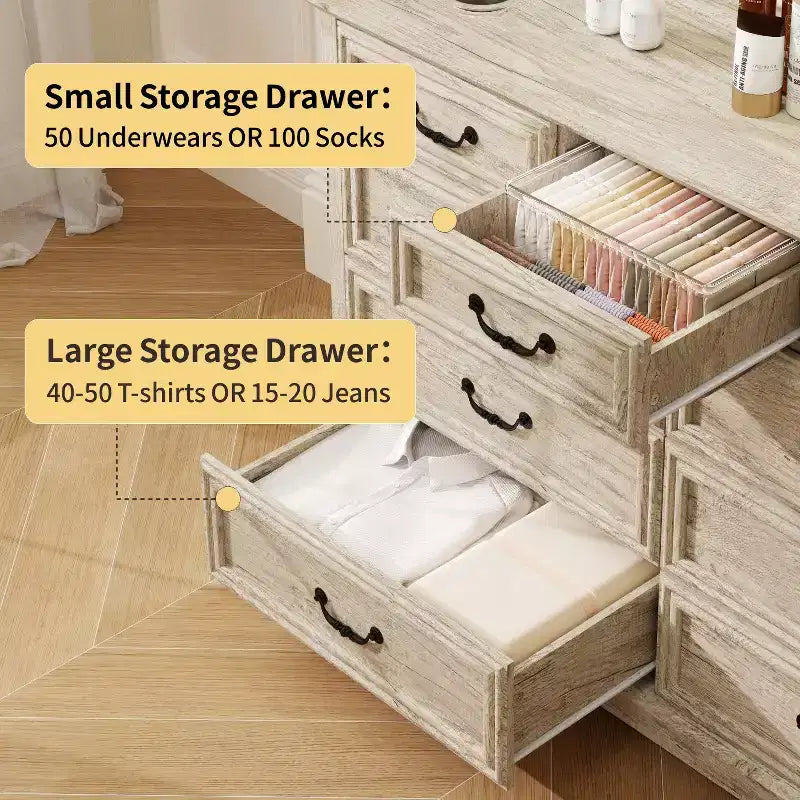 Dyonery Farmhouse Cassettiera per Comò, Cassettiera a 9 Cassetti con Piano in Legno, Organizzatore di Archiviazione Largo 52 per Camera da Letto, Soggiorno, Ingresso