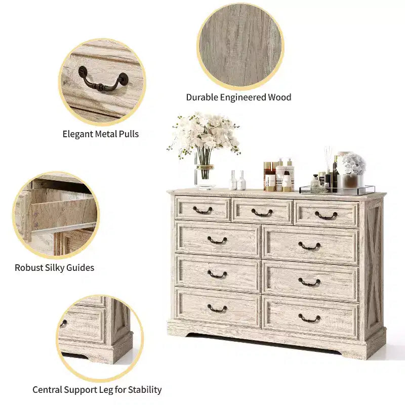 Dyonery Farmhouse Cassettiera per Comò, Cassettiera a 9 Cassetti con Piano in Legno, Organizzatore di Archiviazione Largo 52 per Camera da Letto, Soggiorno, Ingresso