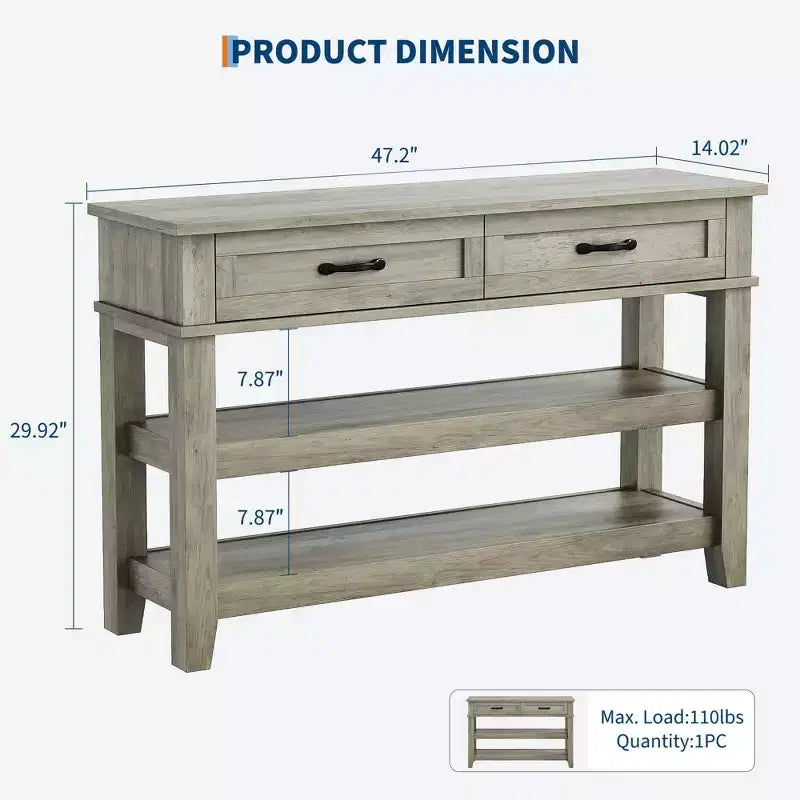 Tavolino da ingresso GustoWave, Tavolo consolle con 2 cassetti portaoggetti, Tavolo da divano in legno rustico a 3 livelli, Tavoli da corridoio, Grigio rustico