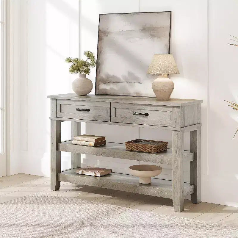 Tavolino da ingresso GustoWave, Tavolo consolle con 2 cassetti portaoggetti, Tavolo da divano in legno rustico a 3 livelli, Tavoli da corridoio, Grigio rustico
