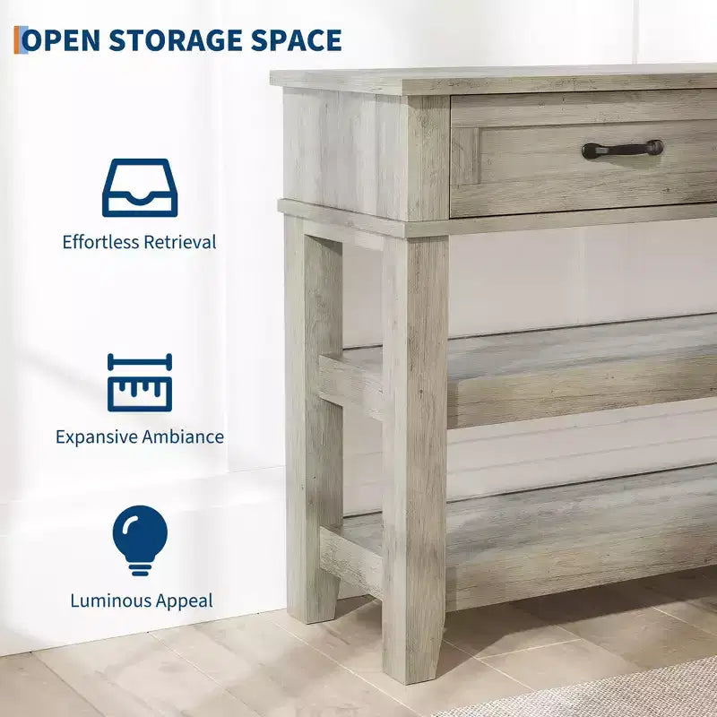 Tavolino da ingresso GustoWave, Tavolo consolle con 2 cassetti portaoggetti, Tavolo da divano in legno rustico a 3 livelli, Tavoli da corridoio, Grigio rustico