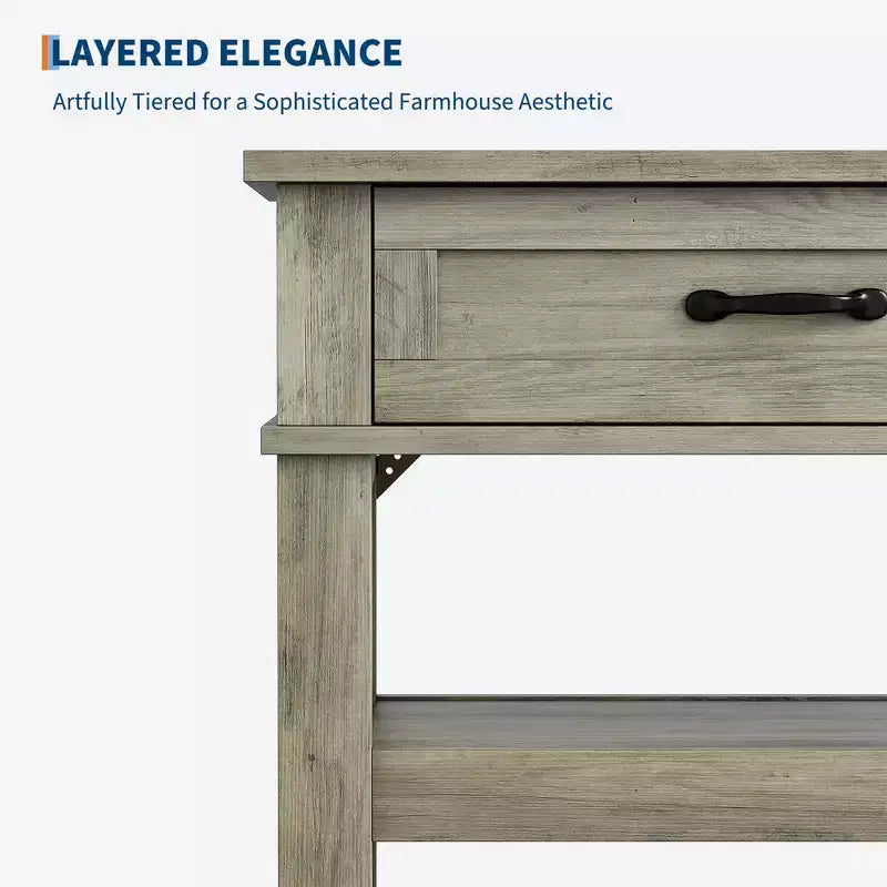Tavolino da ingresso GustoWave, Tavolo consolle con 2 cassetti portaoggetti, Tavolo da divano in legno rustico a 3 livelli, Tavoli da corridoio, Grigio rustico