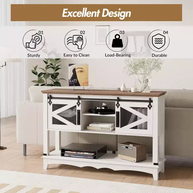 GustoWave 46.5'' Consolle Rustica con Ante Scorrevoli e Mobile Contenitore - Tavolo da Ingresso, Tavolo da Divano per Soggiorno, Bianco