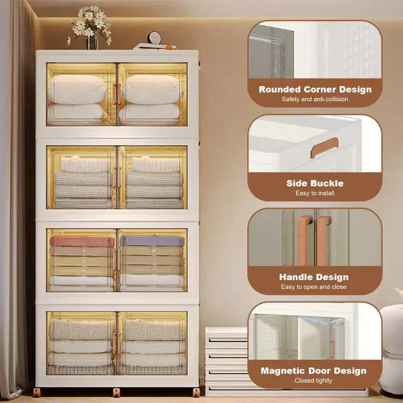 GustoWave Contenitori portaoggetti impilabili a 4 livelli con coperchio, organizer pieghevoli in plastica per armadi, contenitori domestici per camera da letto e soggiorno