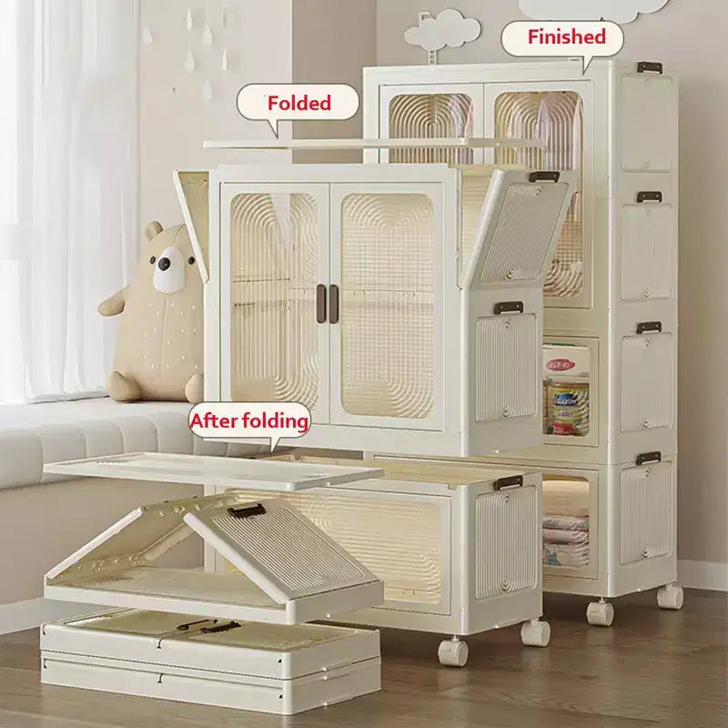 GustoWave Armadio 4 Ripiani per Bambini - Armadio Portatile per Bambini con Ante e Ruote - Organizzatore Pieghevole per Vestiti Neonati con Asta Appendini e 10 Grucce