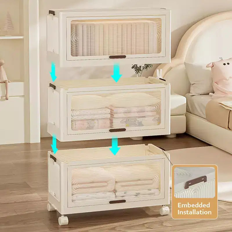 GustoWave Armadio 4 Ripiani per Bambini - Armadio Portatile per Bambini con Ante e Ruote - Organizzatore Pieghevole per Vestiti Neonati con Asta Appendini e 10 Grucce