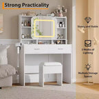 COZONY Toeletta con specchio illuminato e sgabello, tavolo da trucco scorrevole con mensole e cassetti