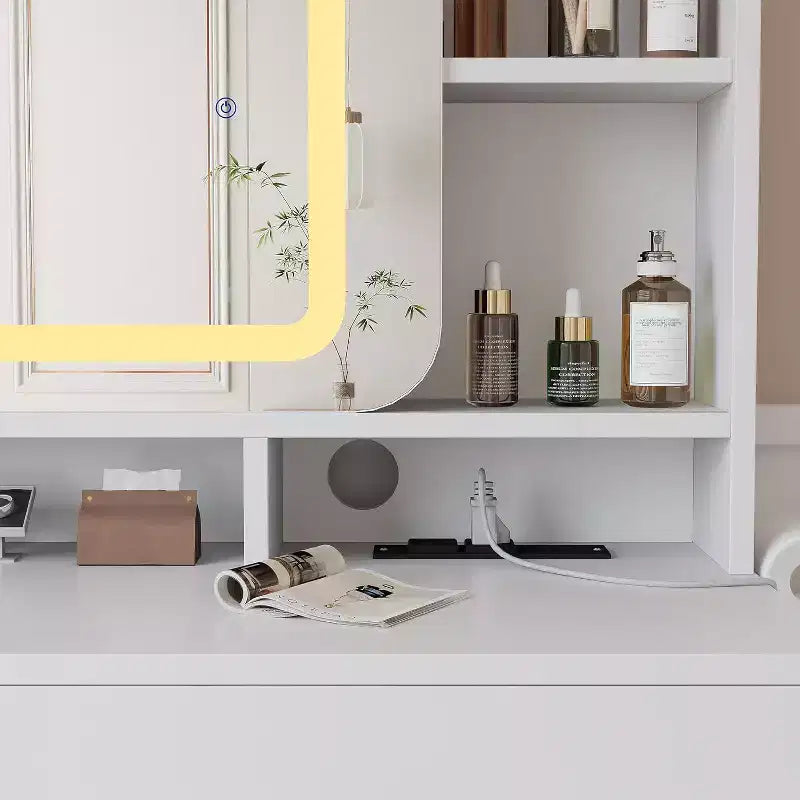 COZONY Toeletta con specchio illuminato e sgabello, tavolo da trucco scorrevole con mensole e cassetti