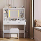COZONY Toeletta con specchio illuminato e sgabello, tavolo da trucco scorrevole con mensole e cassetti