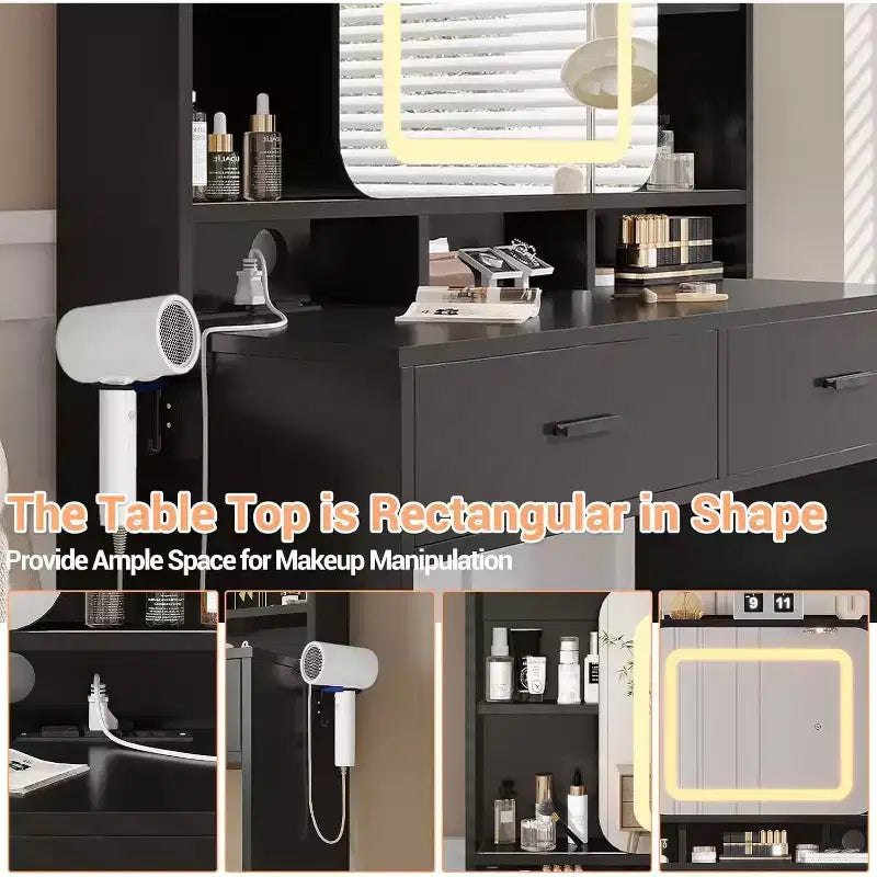 COZONY Toeletta con specchio illuminato e sgabello, tavolo da trucco scorrevole con mensole e cassetti