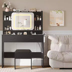 COZONY Toeletta con specchio illuminato e sgabello, tavolo da trucco scorrevole con mensole e cassetti