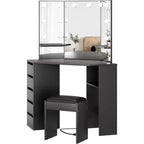COZONY Toeletta con Specchio e Luci, Angolare con 3 Opzioni di Illuminazione, 5 Cassetti, Ripiani e Sgabello Imbottito, Nero
