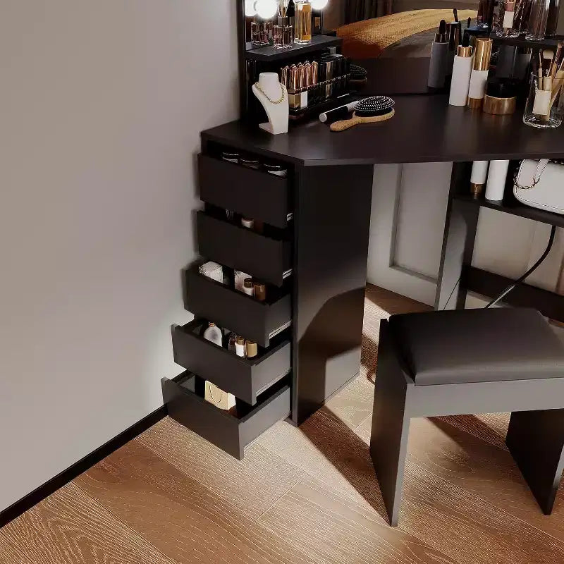 COZONY Toeletta con Specchio e Luci, Angolare con 3 Opzioni di Illuminazione, 5 Cassetti, Ripiani e Sgabello Imbottito, Nero