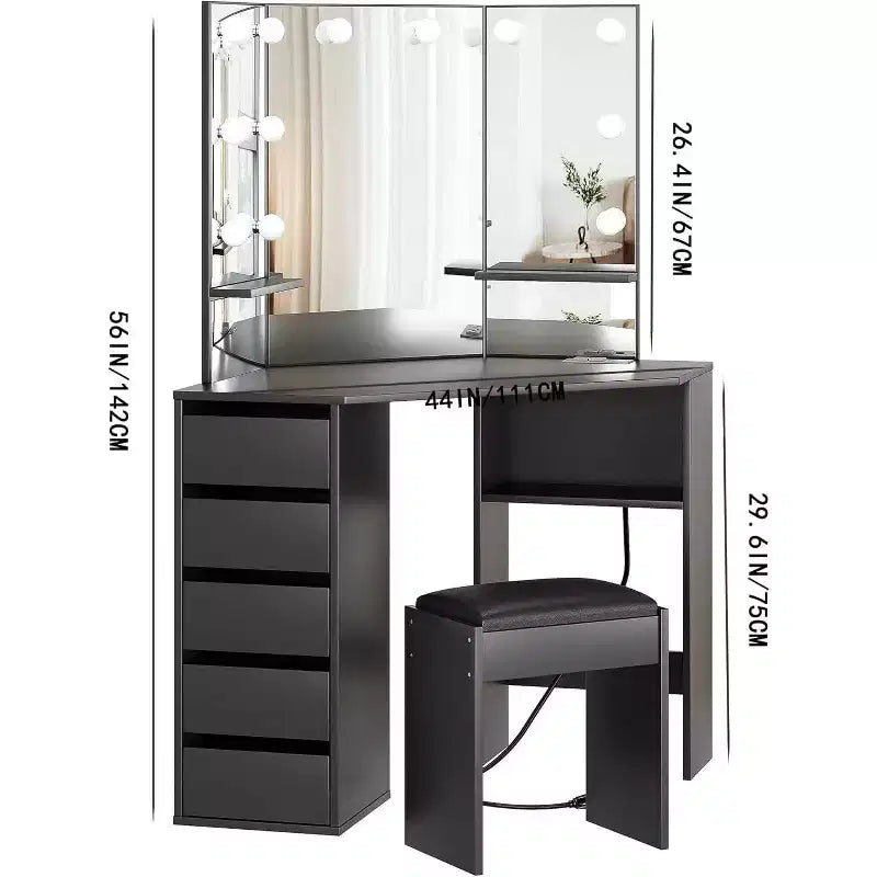 COZONY Toeletta con Specchio e Luci, Angolare con 3 Opzioni di Illuminazione, 5 Cassetti, Ripiani e Sgabello Imbottito, Nero