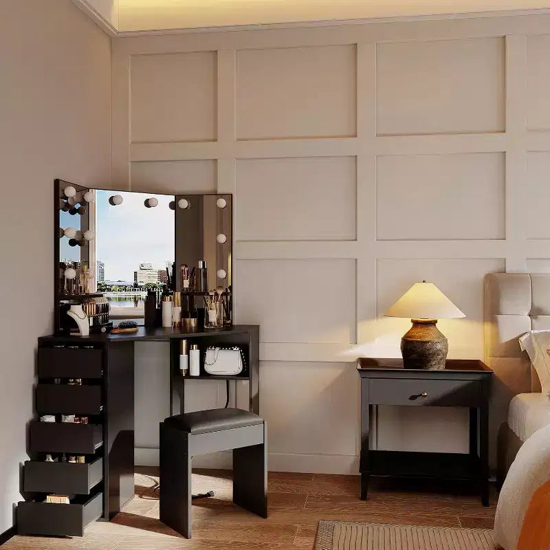 COZONY Toeletta con Specchio e Luci, Angolare con 3 Opzioni di Illuminazione, 5 Cassetti, Ripiani e Sgabello Imbottito, Nero