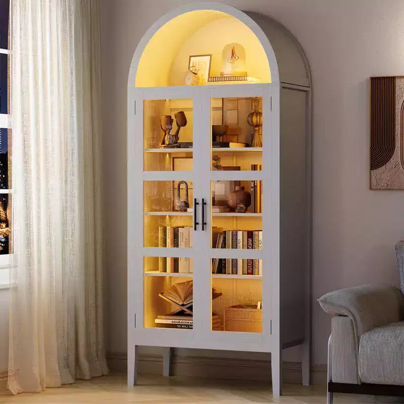 COZONY 70 Mobile dispensa da cucina ad arco con luci LED e ante in vetro, libreria con ripiani regolabili