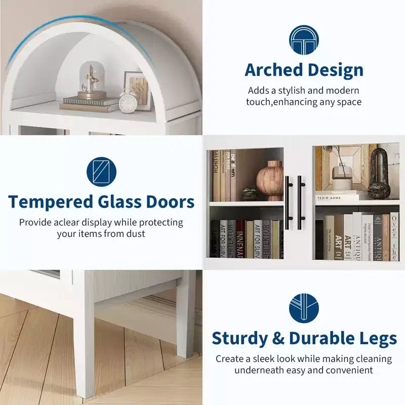 COZONY 70 Mobile dispensa da cucina ad arco con luci LED e ante in vetro, libreria con ripiani regolabili