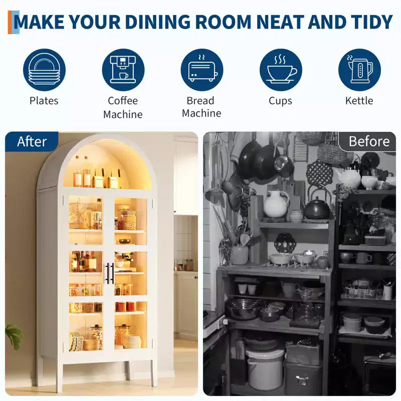 COZONY 70 Mobile dispensa da cucina ad arco con luci LED e ante in vetro, libreria con ripiani regolabili